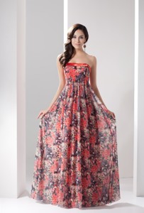 Colorful Strapless Empire Full Length Flowers Pringting Prom Dress