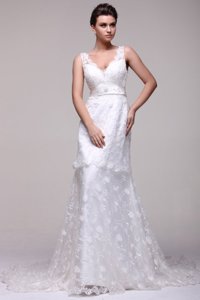 V-neck Lace Court Train Wedding Dress With Beading On Sash