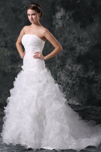 Strapless Organza Wedding Dress With Flower And Ruffles Layered