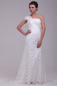 Column One Shoulder Lace Floor-length Paillette Wedding Dress with Side Zipper 