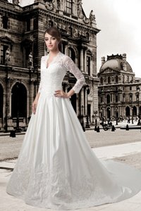 Lace V Neck Chapel Train A Line Wedding Dress with Long Sleeves 