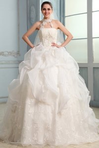 Halter Top Neck Organza Ball Gown Wedding Dress with Appliques 