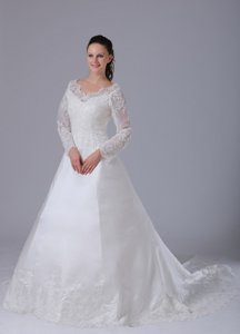 Wholesale V-neck Long Sleeves Lace Decorate Wedding Dress With Court Train