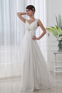 Discount Empire V-neck Floor-length Chiffon White Wedding Dress with Beading 