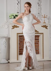 Perfect Column One Shoulder Brush Train Lace Wedding Dress 