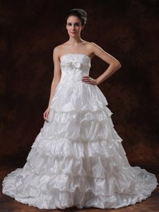 Beaded Strapless Organza Chapel Train Tiered Skirt Wedding Dress