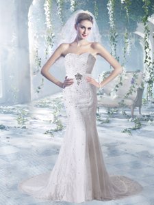 Sweetheart Lace and Elastic Woven Satin Court Train Sheath Wedding Gowns With Beading 