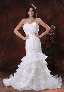 Wholesale White Mermaid Strapless Organza Wedding Dress With Ruffled Layers