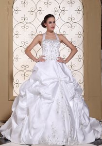 Halter Exquisite Wedding Dress Embroidery And Pick-ups On Satin