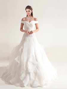 Beautiful A Line Off The Shoulder Wedding Dress With Beading And Ruffles