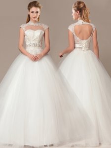 See Through Beaded Decorate Waist High Neck Shade Back Wedding Dress With Appliques