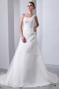 Simple One Shoulder Chapel Train Satin And Organza Appliques With Beading Wedding Dress