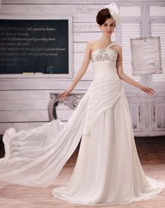 Beautiful Beaded Decorate Bust One Shoulder Wedding Dress With Watteau Train For Custom Made 