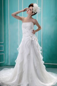 Beaded Strapless Custom Made Wedding Dress With Organza Ruffles