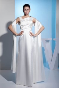 Asymmetrical Neck Ruched White Wedding Dress Floor-length