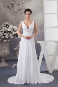 Adorable White Court Train Plunging V-neck Pleated Wedding Dress 
