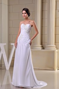 Sweetheart Brush Train Wedding Dress In White Decorated With Beading And Ruching