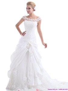 Ruffled White Wedding Dress With Brush Train And Hand Made Flower