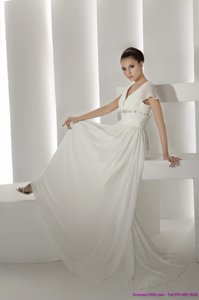 Popular Brush Train White Wedding Dress With Ruching And Beading