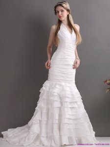 Unique White Halter Top Bridal Gowns with Ruffled Layers and Ruching 