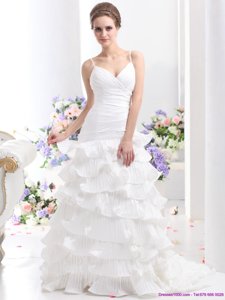 Unique Ruching White Wedding Dress With Ruffled Layers And Brush Train