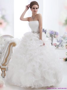 Perfect White Strapless Ruffles And Ruching Wedding Gown