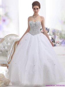 Sweetheart Floor Length White Wedding Dress With Brush Train And Rhinestones