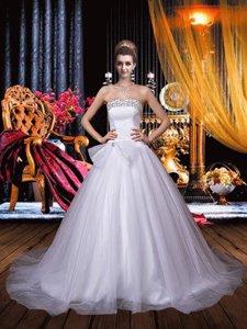 Cute A Line Strapless Chapel Train Beading Wedding Dress with Beading 