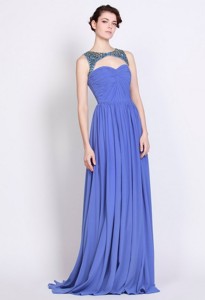 Pretty Bateau Zipper Up Blue Prom Dress With Brush Train