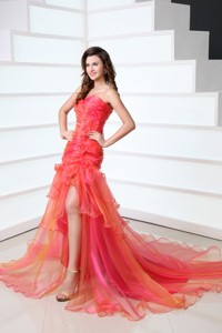 Hot Pink Sweetheart Ruching And Beading Court Train Prom Dress