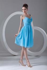Taffeta Straps Aqua Blue Beading Knee-length Prom Dress