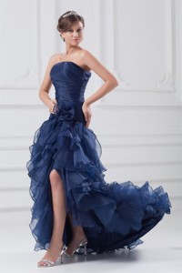 Navy Blue Strapless Ruffles High-low Organza Prom Dress