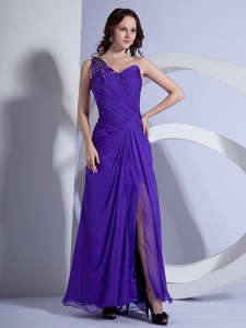 One Shoulder and Beading Ruch For Purple Prom Dress