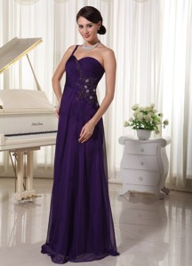 Custom Made Dark Purple Chiffon One Shoulder Prom Evening Dress Appliques With Beading Bust Floor-le