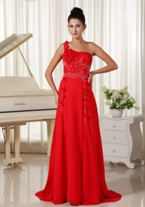 Red Evening Dress One Shoulder With Hand Made Flowers Beaded and Ruched Bodice