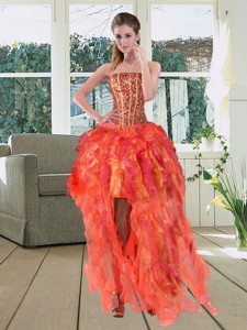 High Low Multi Color Strapless Prom Dress With Beading And Ruffles