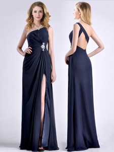 Exquisite One Shoulder Navy Blue Prom Dress with Beading and High Slit