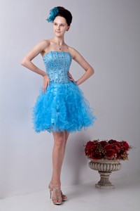 Baby Blue Strapless Prom Homecoming Dress Organza Beading Mini-length