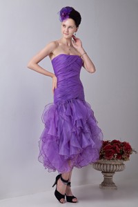 Lavender Mermaid Strapless Tea-length Organza Ruch Prom / Homecoming Dress
