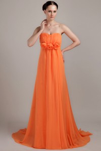 Orange Empire Sweetheart Brush Train Chiffon Hand Made Flowers Plus Size Prom Dress 