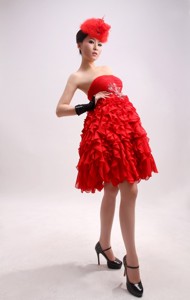 Beading Princess Chiffon Red Strapless Knee-length Prom Dress