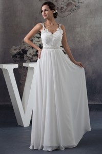 Floor-length Ruched Straps White Prom Dress with Handmade Flower