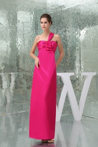 Hot Pink Ankle-length One Shoulder Prom Dress with Ruche Taffeta