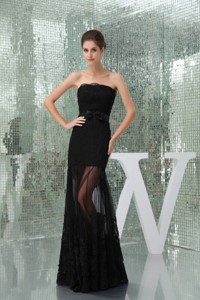 Floor-length Strapless Black Lace Prom Dress for Girls with Bowknot