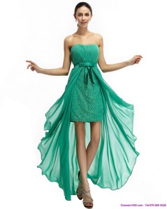 Turquoise High Low Beading Prom Dress With Ruching And Bowknot
