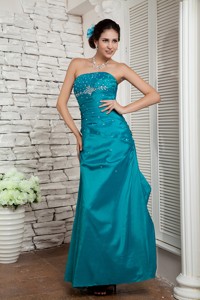 Custom Made Tuquoise Column Strapless Prom / Evening Dress Taffeta Beading Ankle-length