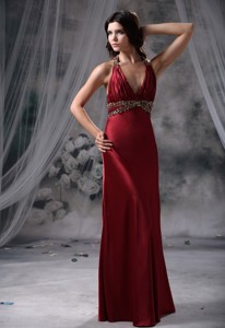 Jefferson Iowa Beaded Decorate Halter And Wasit Floor-length Wine Red Prom Evening Dress