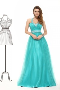 Elegant Aqua Blue Beading Halter Lace Up Tulle Prom Dress