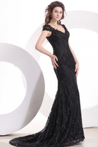 Lace Black Column V Neck Brush Train Prom Dress with Zipper Up