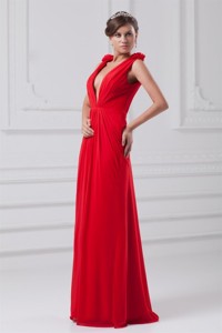 Red Empire V-neck Chiffon Floor-length Ruching Prom Dress